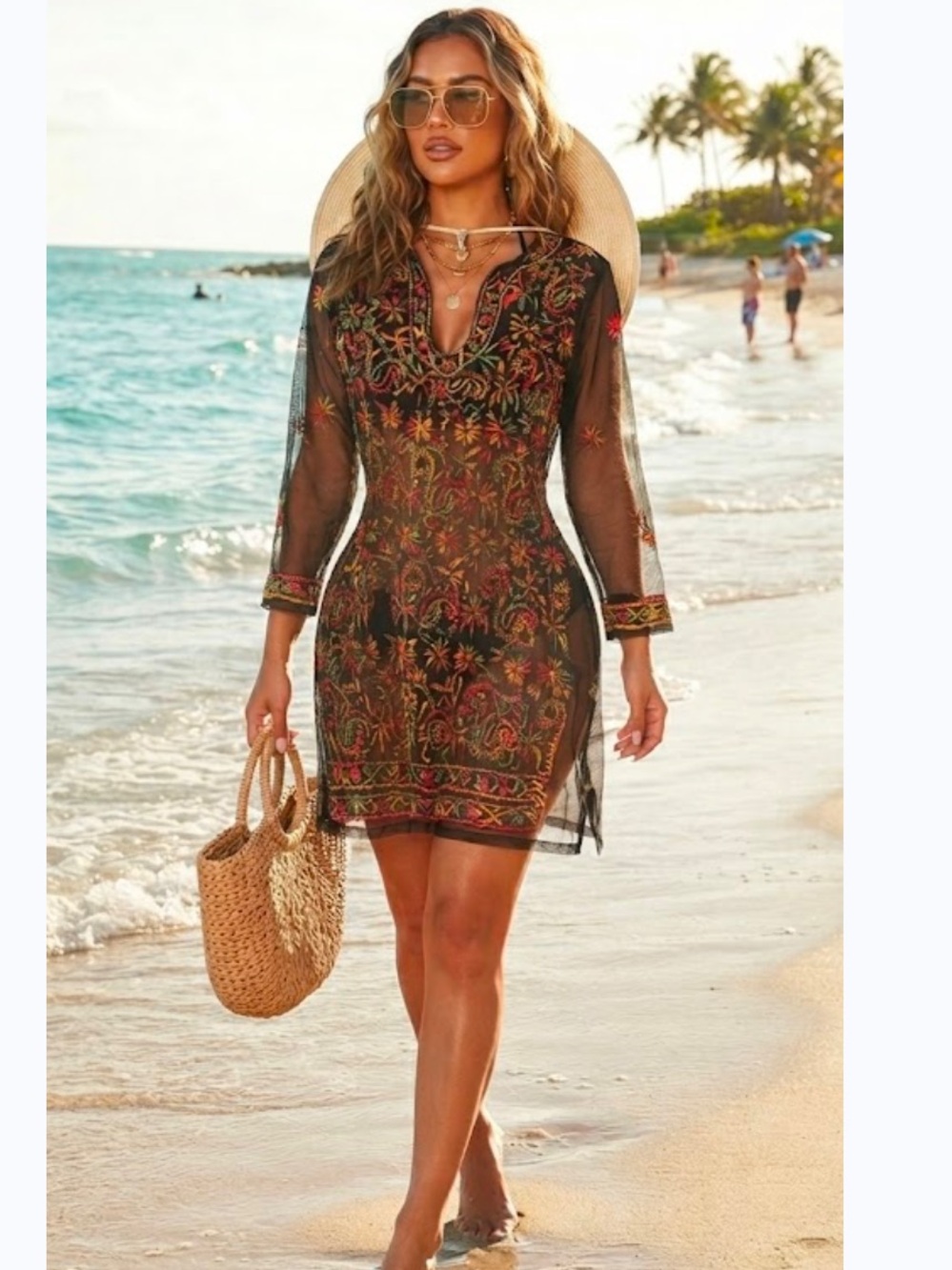 Embroidered Black Sheer Tunic Dress with Red & Gold Accents 🥂